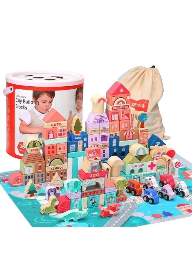 115pcs Colorful Building Blocks Sets Wooden Construction City Scene Traffic Bucket Creative DIY Assembly Toy Educational Toy