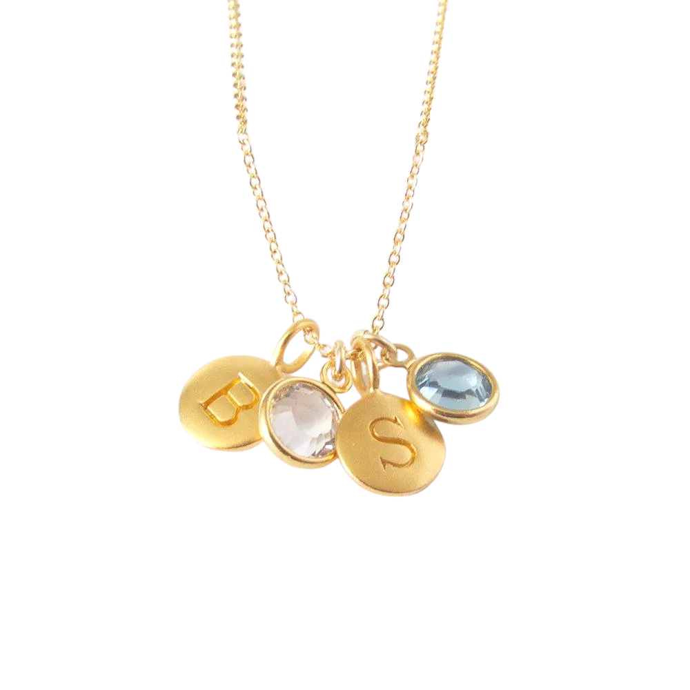 2 Gold Initial & 2 Birthstone Charm Necklace