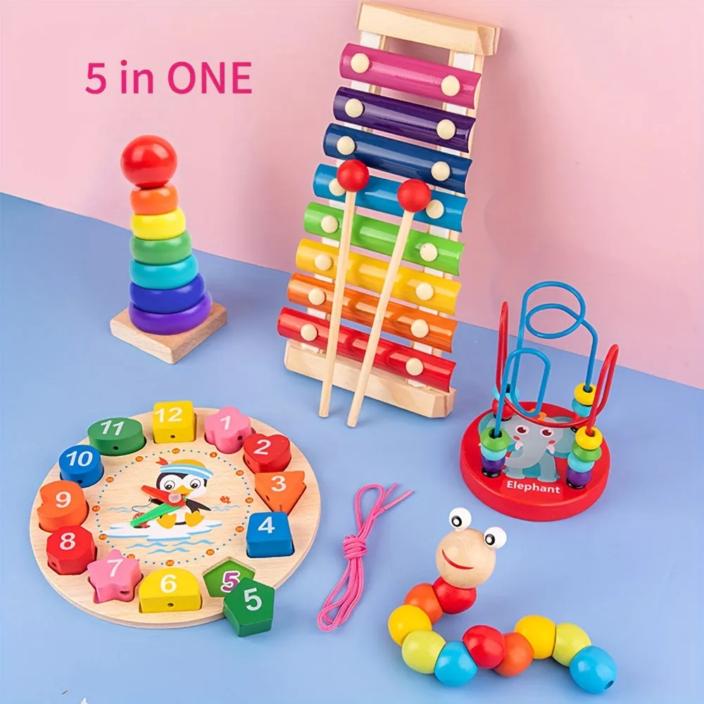 5in1 Montessori Toy Set Education Music Instruments Beads Clocks