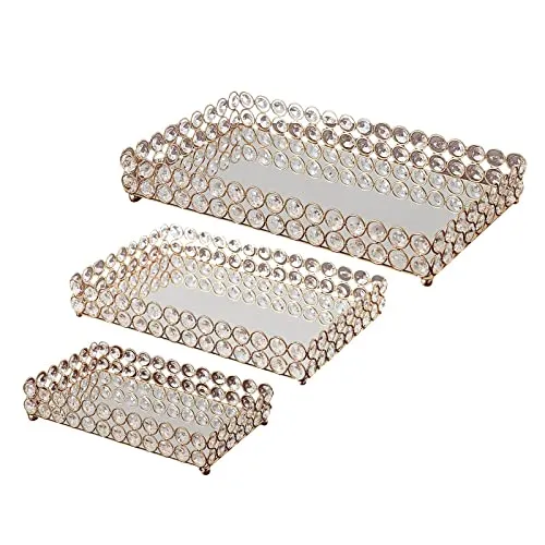 CALANDIS® 3 Size - Mirrored Tray Home Decor Crystal Vanity Makeup Perfume Jewelry Tray 25X15X5Cm