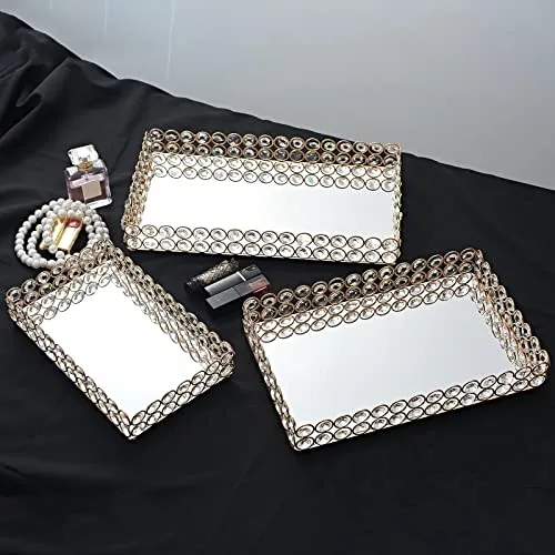 CALANDIS® 3 Size - Mirrored Tray Home Decor Crystal Vanity Makeup Perfume Jewelry Tray 25X15X5Cm