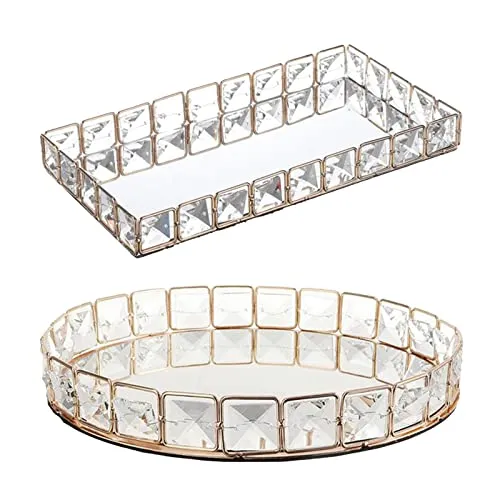 CALANDIS Glam Mirror Crystal Cosmetic Tray Makeup Trinket Vanity Organizer Rectangle