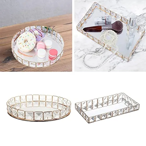 CALANDIS Glam Mirror Crystal Cosmetic Tray Makeup Trinket Vanity Organizer Rectangle