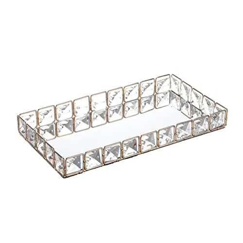 CALANDIS Glam Mirror Crystal Cosmetic Tray Makeup Trinket Vanity Organizer Rectangle