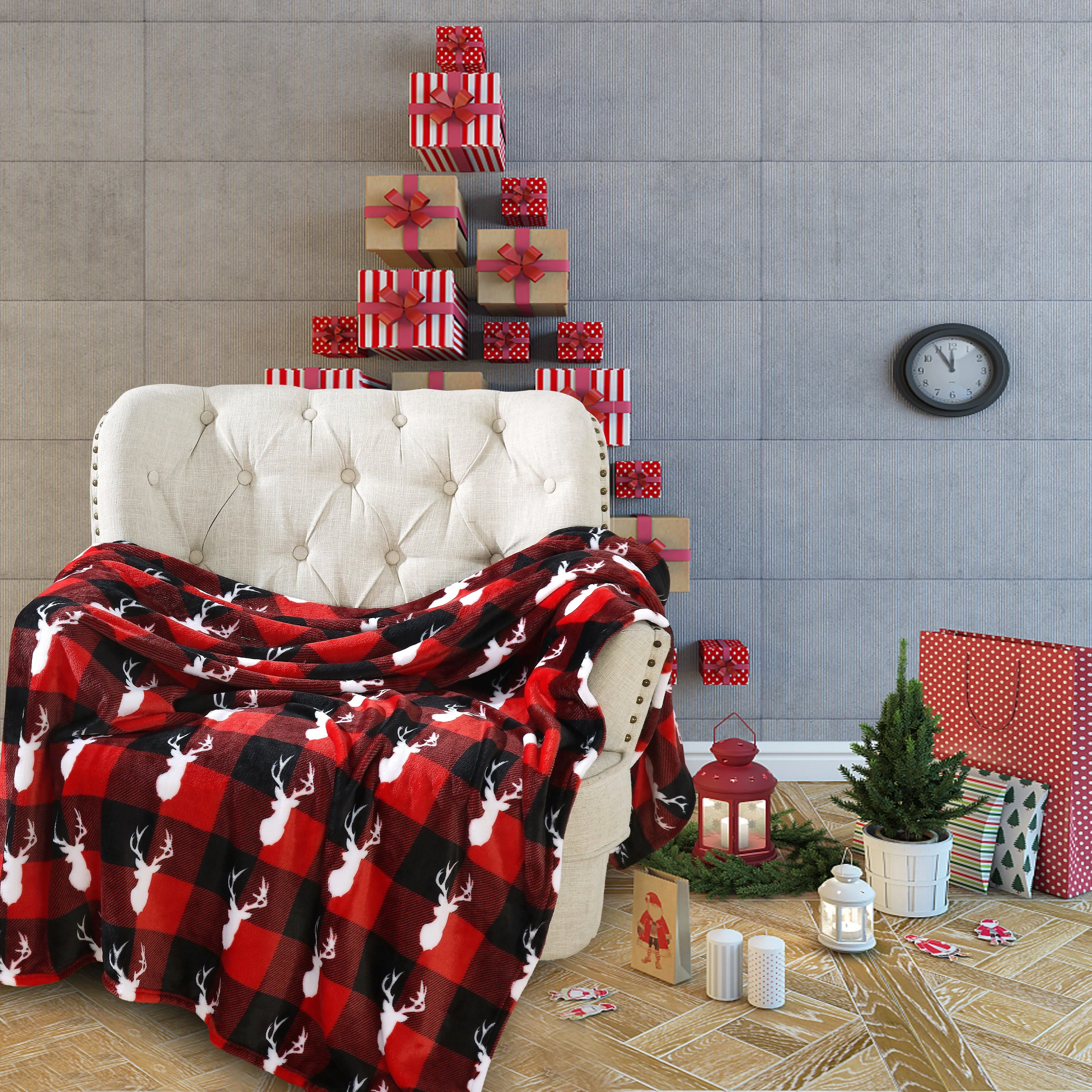 Deer Head Buffalo Plaid Velour Throw