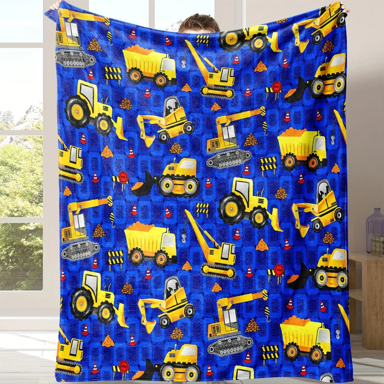 Excavator Print Flannel Blanket Soft Cozy Throw Travel Blanket