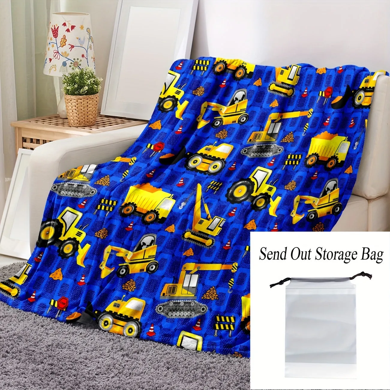 Excavator Print Flannel Blanket Soft Cozy Throw Travel Blanket