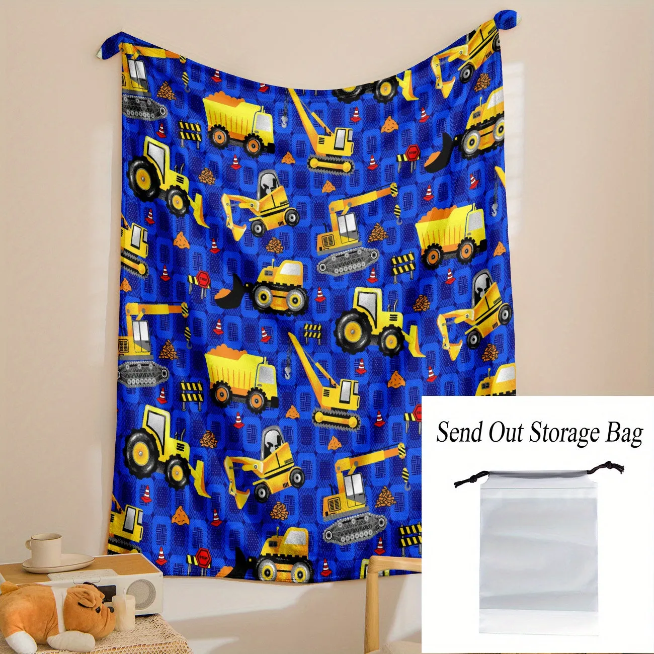 Excavator Print Flannel Blanket Soft Cozy Throw Travel Blanket