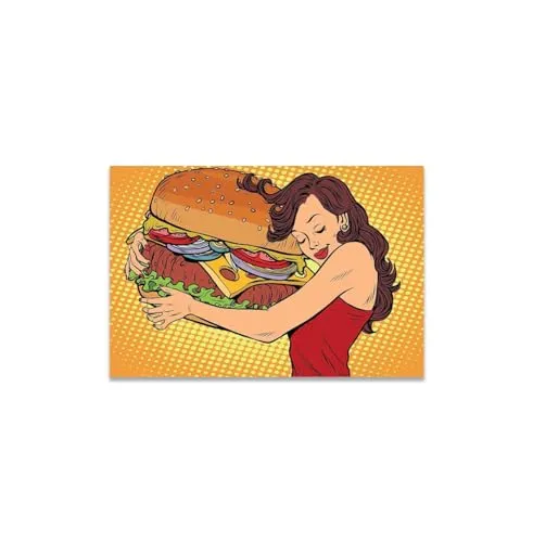 GADGETS WRAP Canvas Gallery Wrap Framed for Home Office Studio Living Room Decoration (14x11inch) - Beautiful Young Woman Hugging Burger