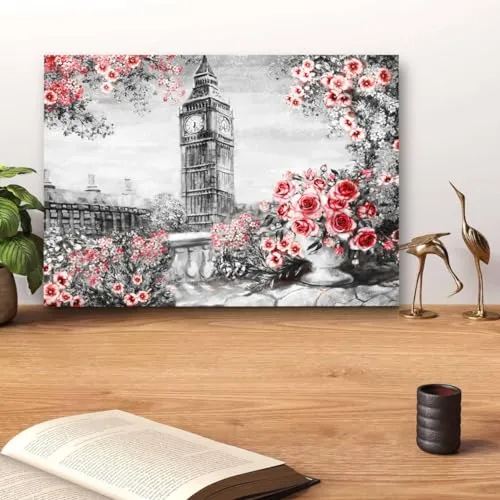 GADGETS WRAP Canvas Gallery Wrap Framed for Home Office Studio Living Room Decoration (14x11inch) - Big Ben & Red Roses