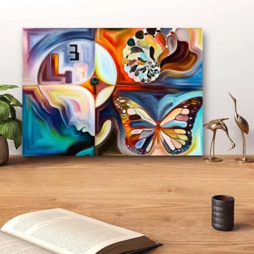 GADGETS WRAP Canvas Gallery Wrap Framed for Home Office Studio Living Room Decoration (14x11inch) - Colourful Butterfly And Abstract Lines Design