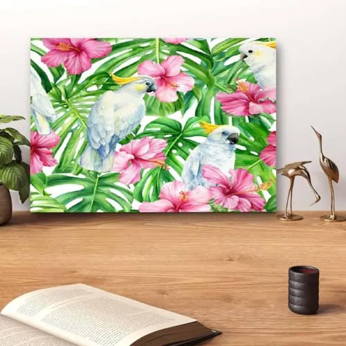 GADGETS WRAP Canvas Gallery Wrap Framed for Home Office Studio Living Room Decoration (14x11inch) - Hibiscus & White Parrot