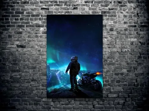 GADGETS WRAP Canvas Gallery Wrap Framed for Home Office Studio Living Room Decoration (14x22inch) - Skylines Biker Blue City Photomanipulation