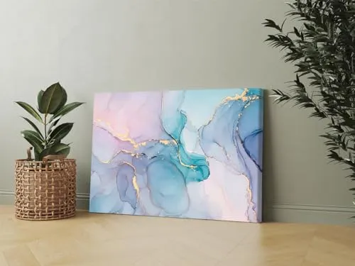 GADGETS WRAP Canvas Gallery Wrap Framed for Home Office Studio Living Room Decoration (17x11inch) - Blue Green & Pink Gold Abstract