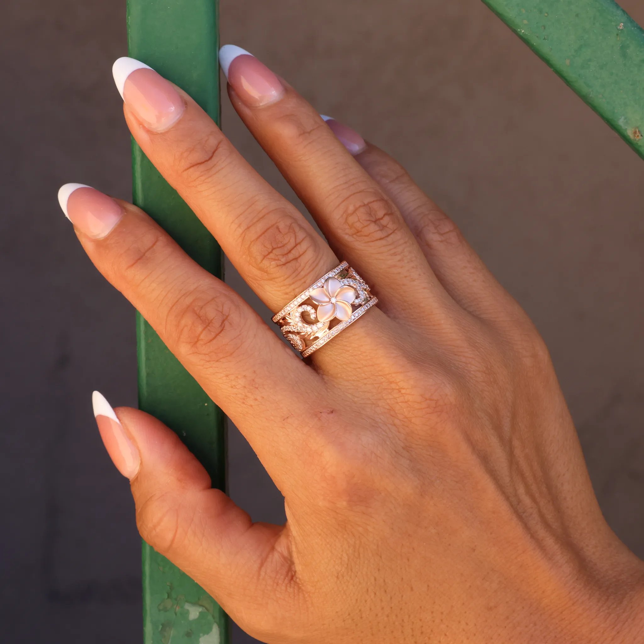 Hawaiian Heirloom Plumeria Engagement Ring in Rose Gold with Diamonds - 12mm