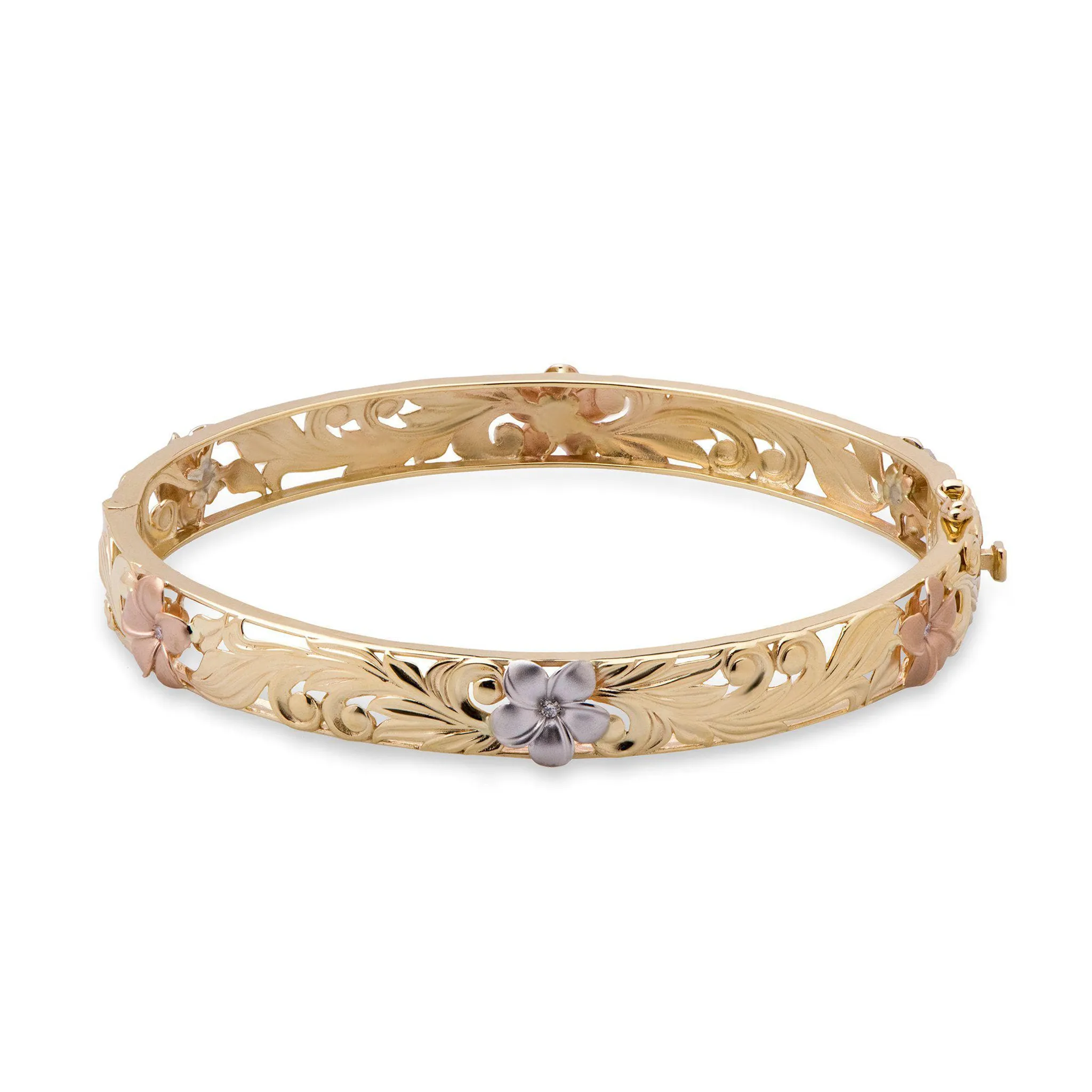 Hawaiian Heirloom Plumeria Hinge Bracelet in Tri Color Gold with Diamonds- 8mm