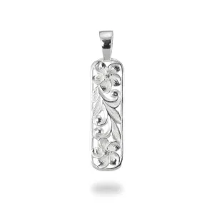 Hawaiian Heirloom Plumeria Pendant in Sterling Silver with White Sapphire - 41mm