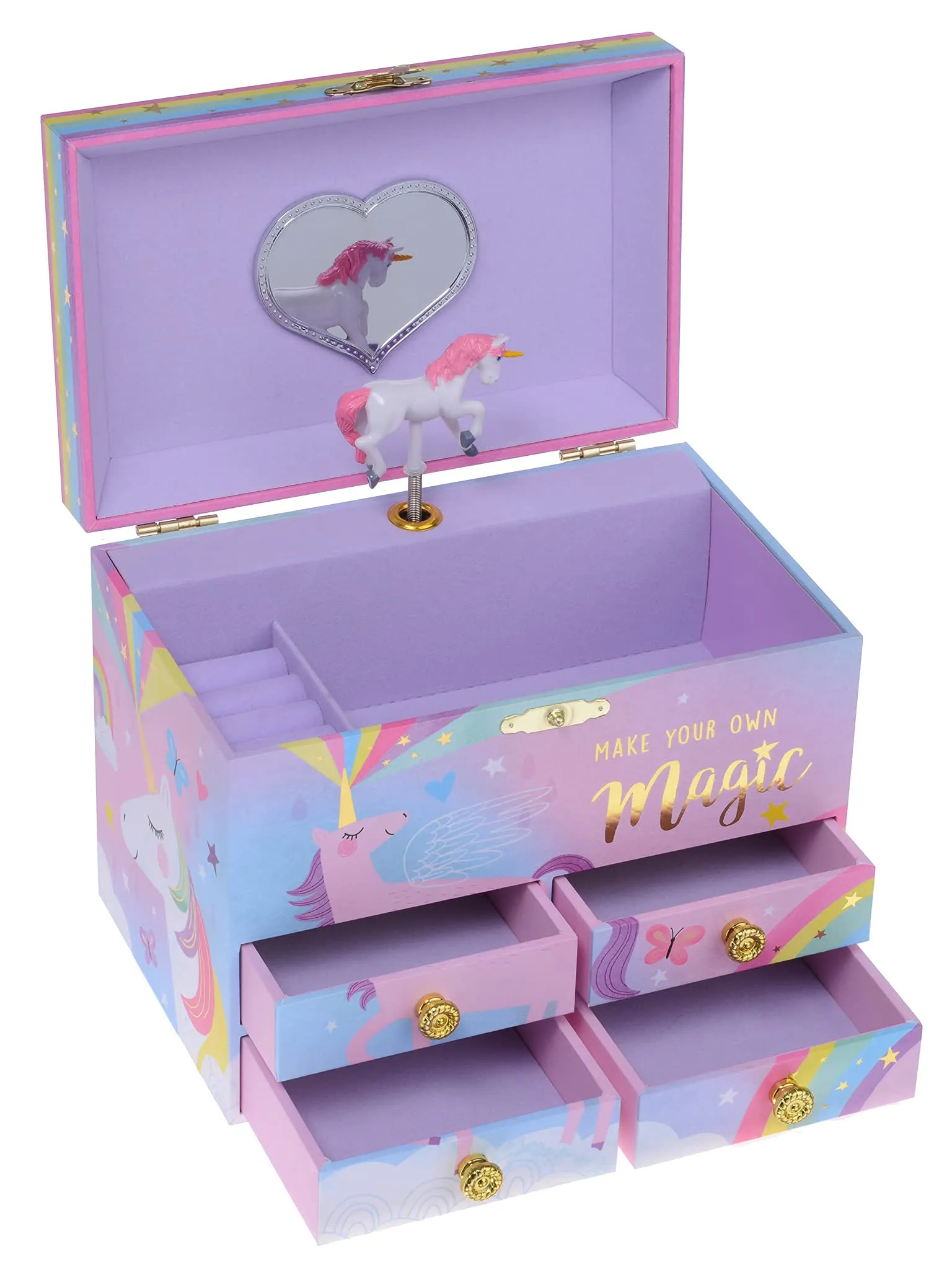 Jewelkeeper Cotton Candy Unicorn Large Musical Jewelry Storage Box with 4 Pull-out