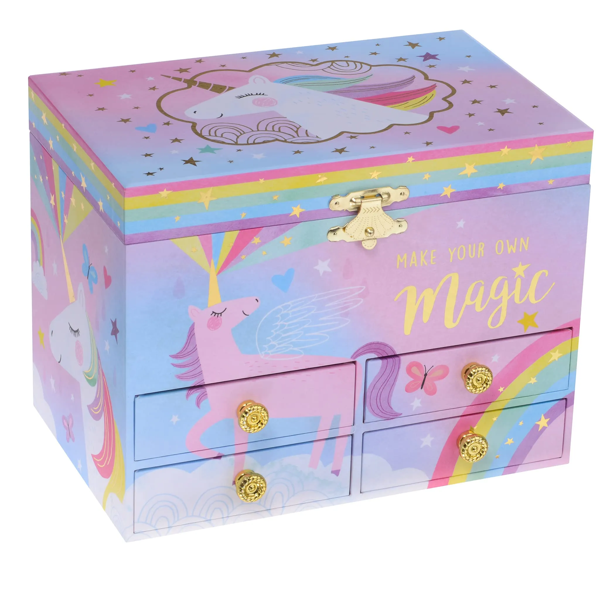 Jewelkeeper Cotton Candy Unicorn Large Musical Jewelry Storage Box with 4 Pull-out