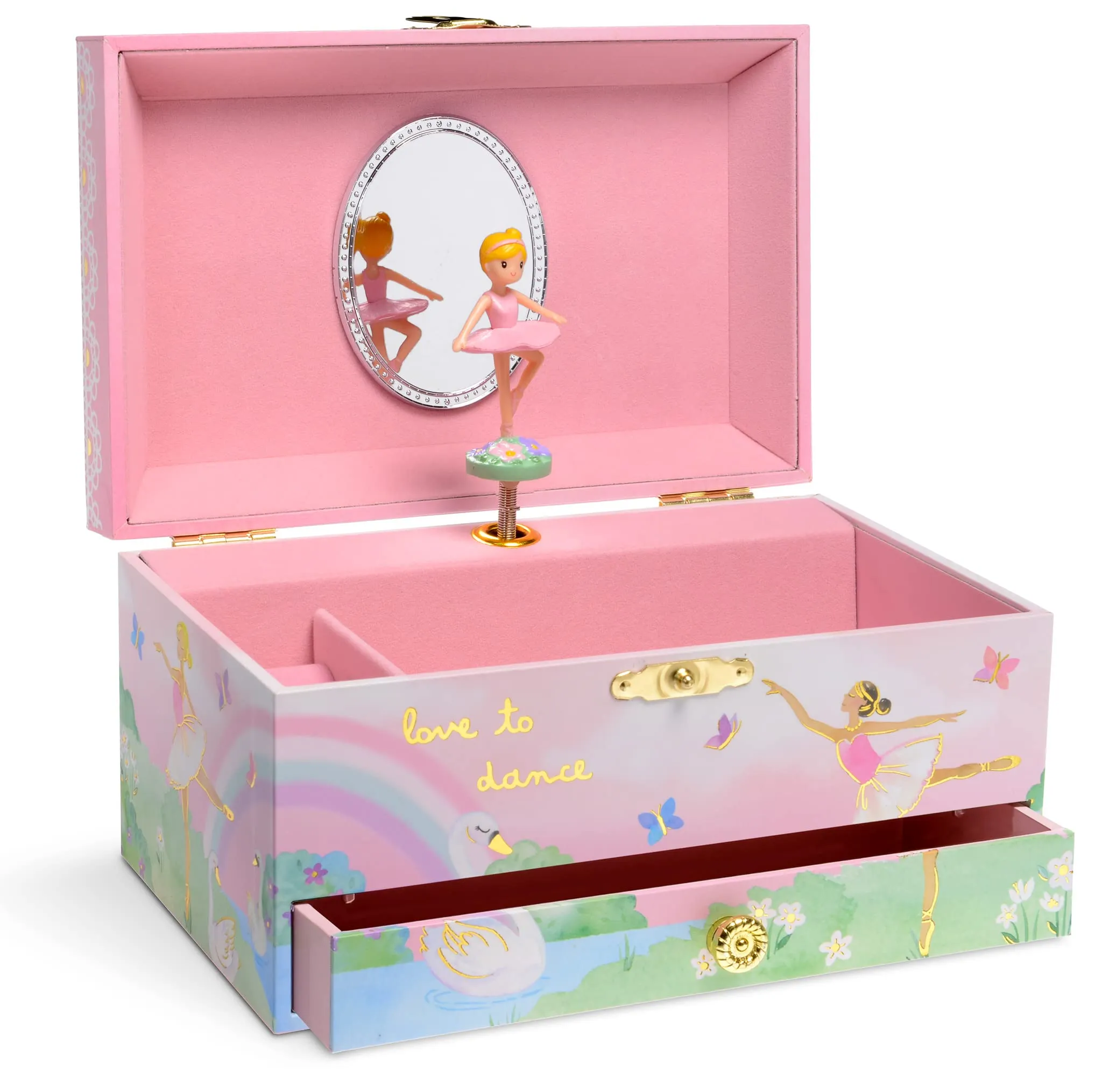 Jewelkeeper Girl's Musical Jewelry Storage Box with Pullout Drawer, Rainbow and Gold Foil