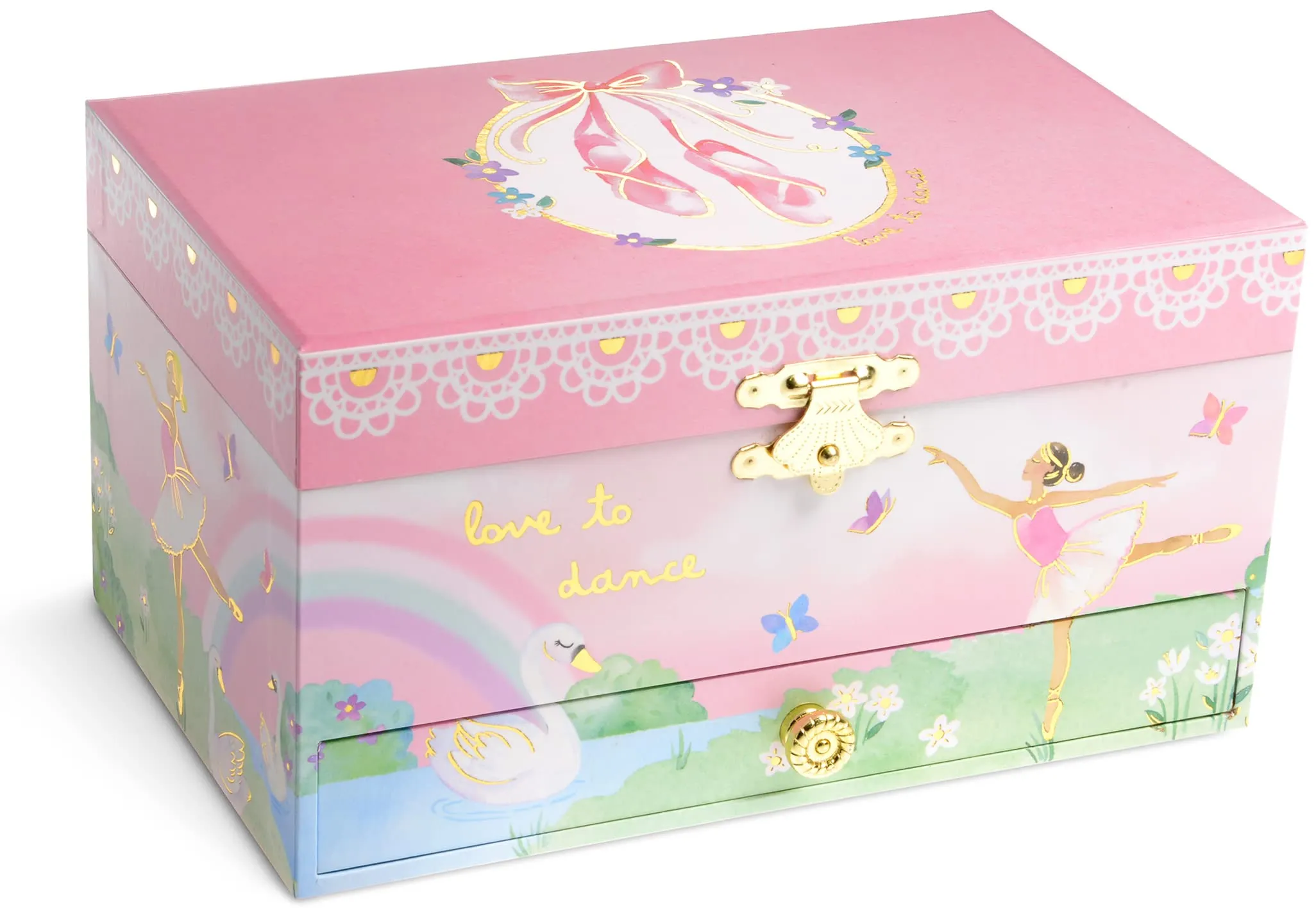 Jewelkeeper Girl's Musical Jewelry Storage Box with Pullout Drawer, Rainbow and Gold Foil