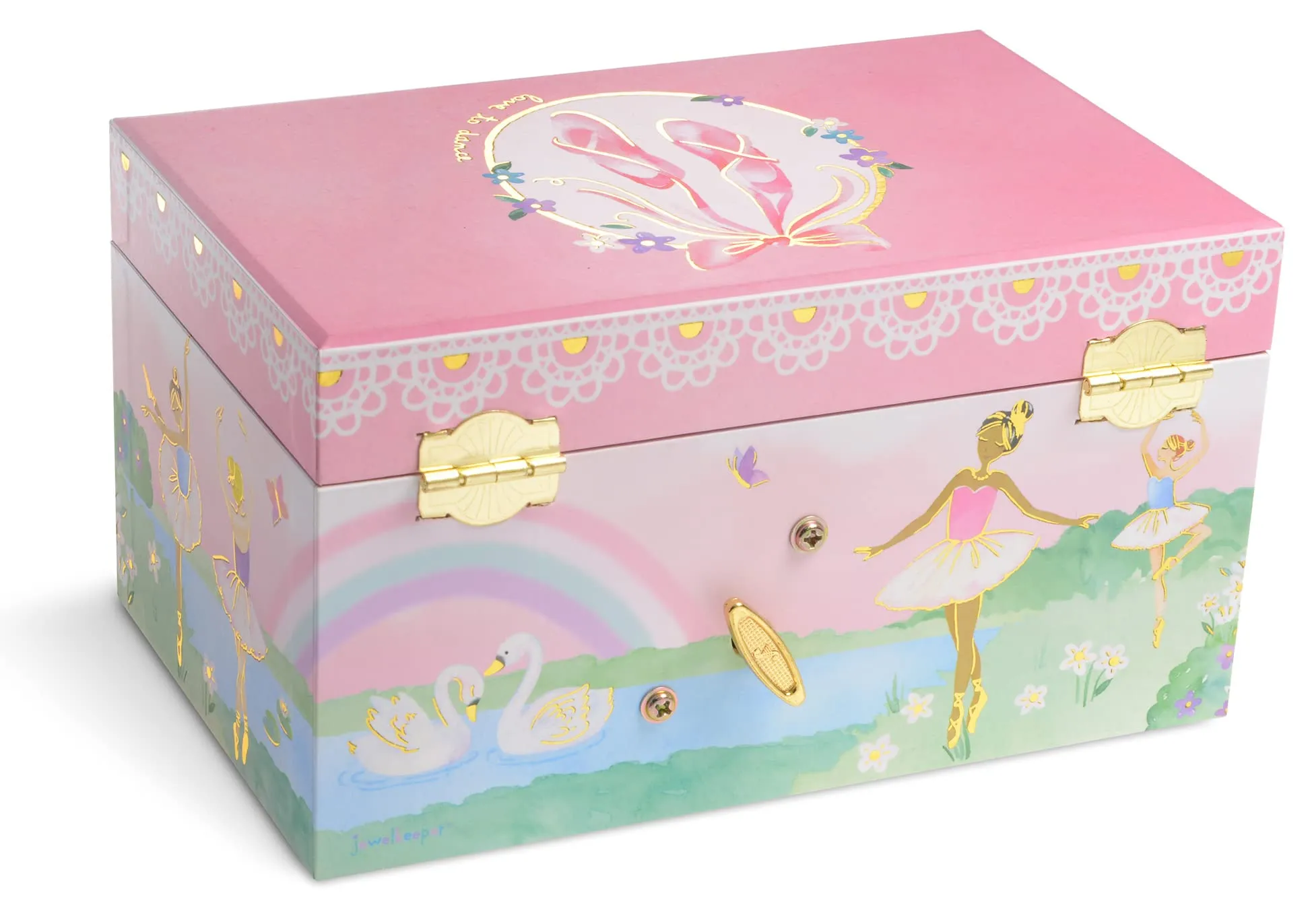 Jewelkeeper Girl's Musical Jewelry Storage Box with Pullout Drawer, Rainbow and Gold Foil