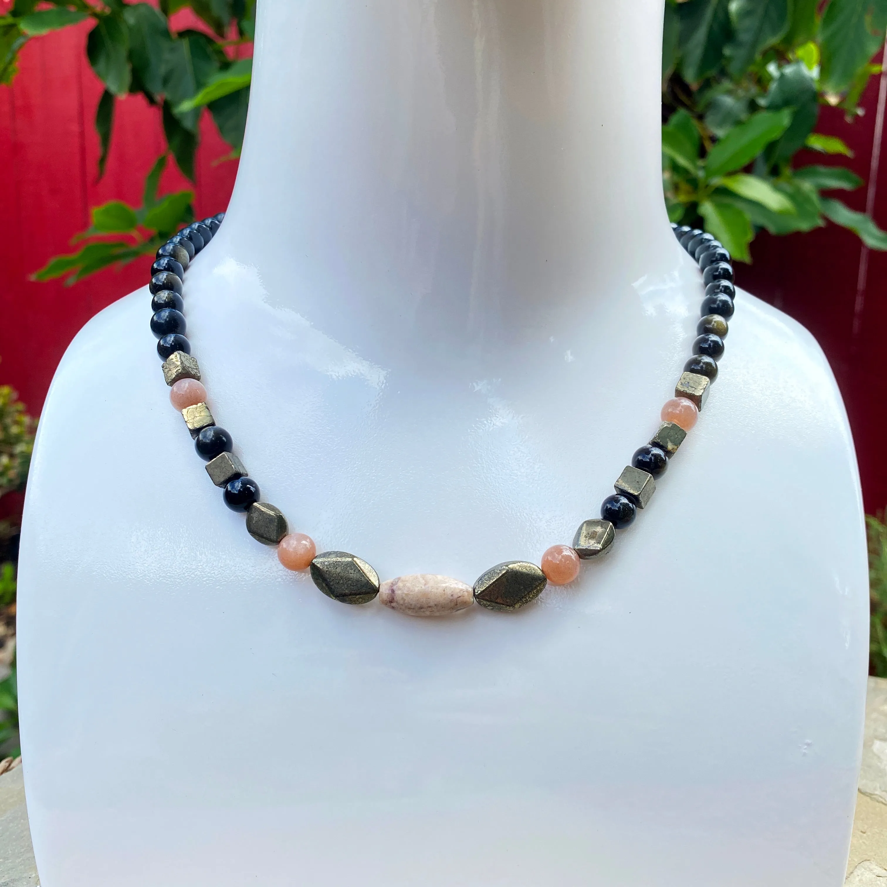 Men’s Coffee agate, sunstone, pyrite, gold obsidian necklace