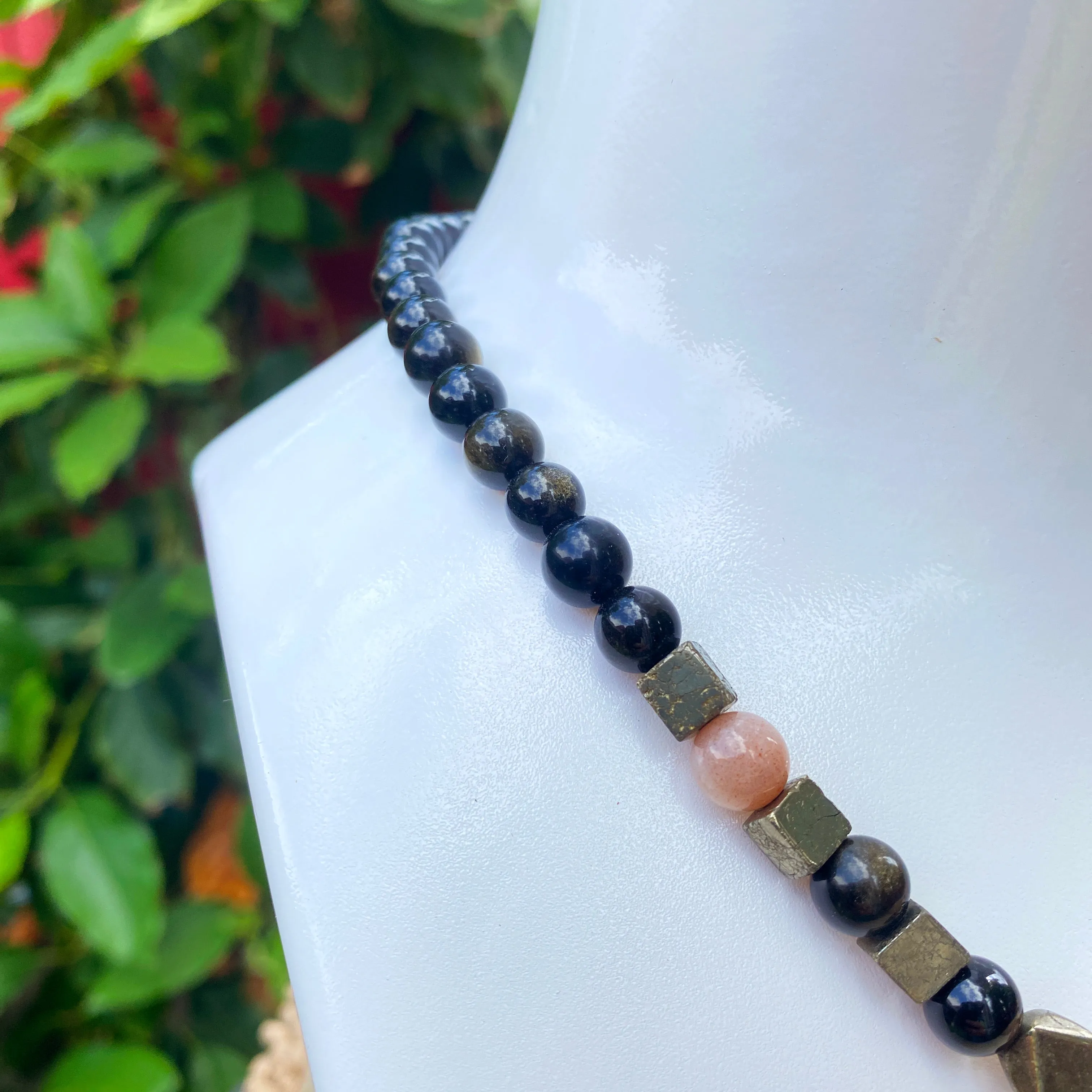 Men’s Coffee agate, sunstone, pyrite, gold obsidian necklace