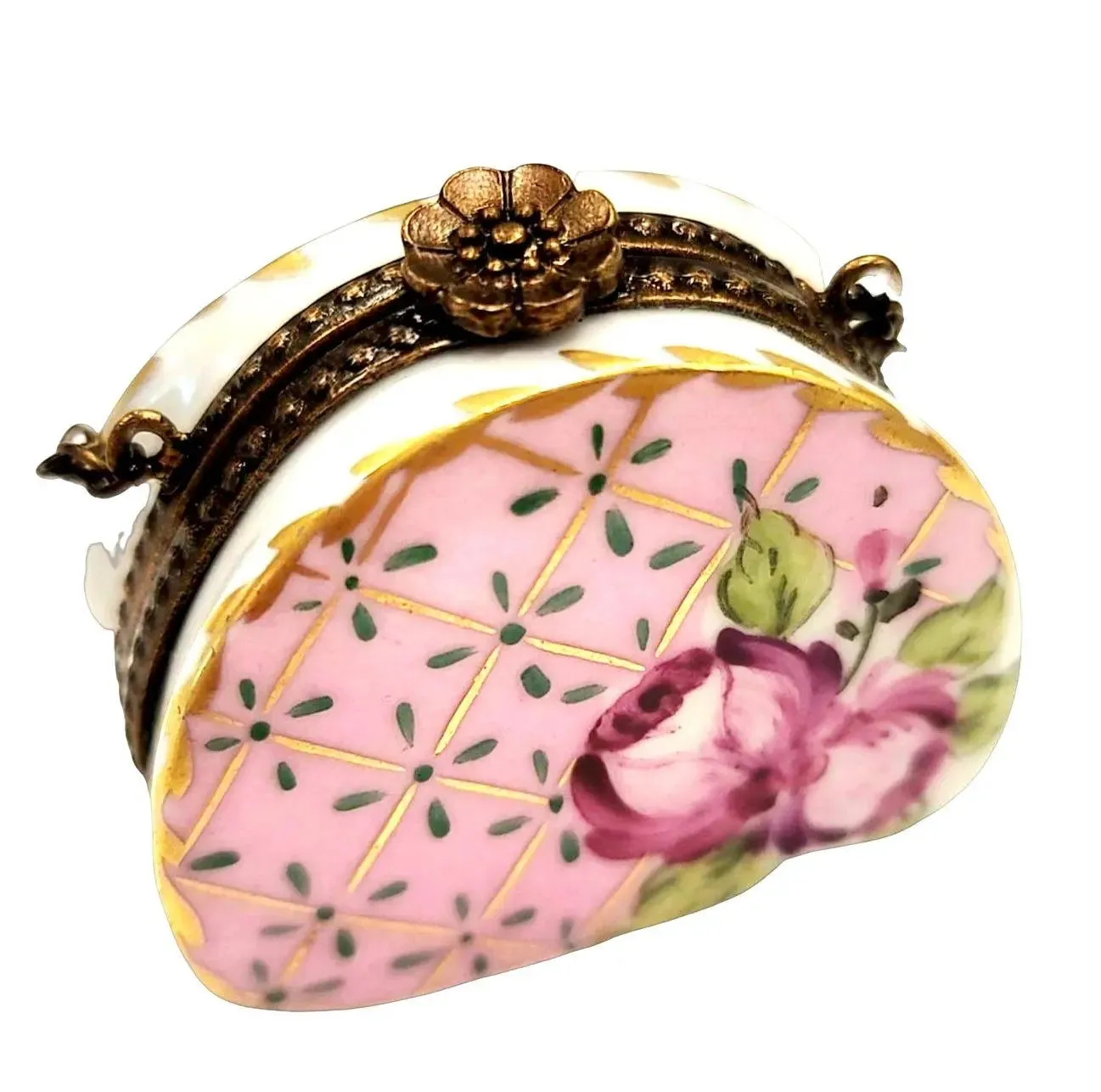 Pink w Blue Gold Purse Roses w Special Antiqued Brass - One of a Kind Hand Painted