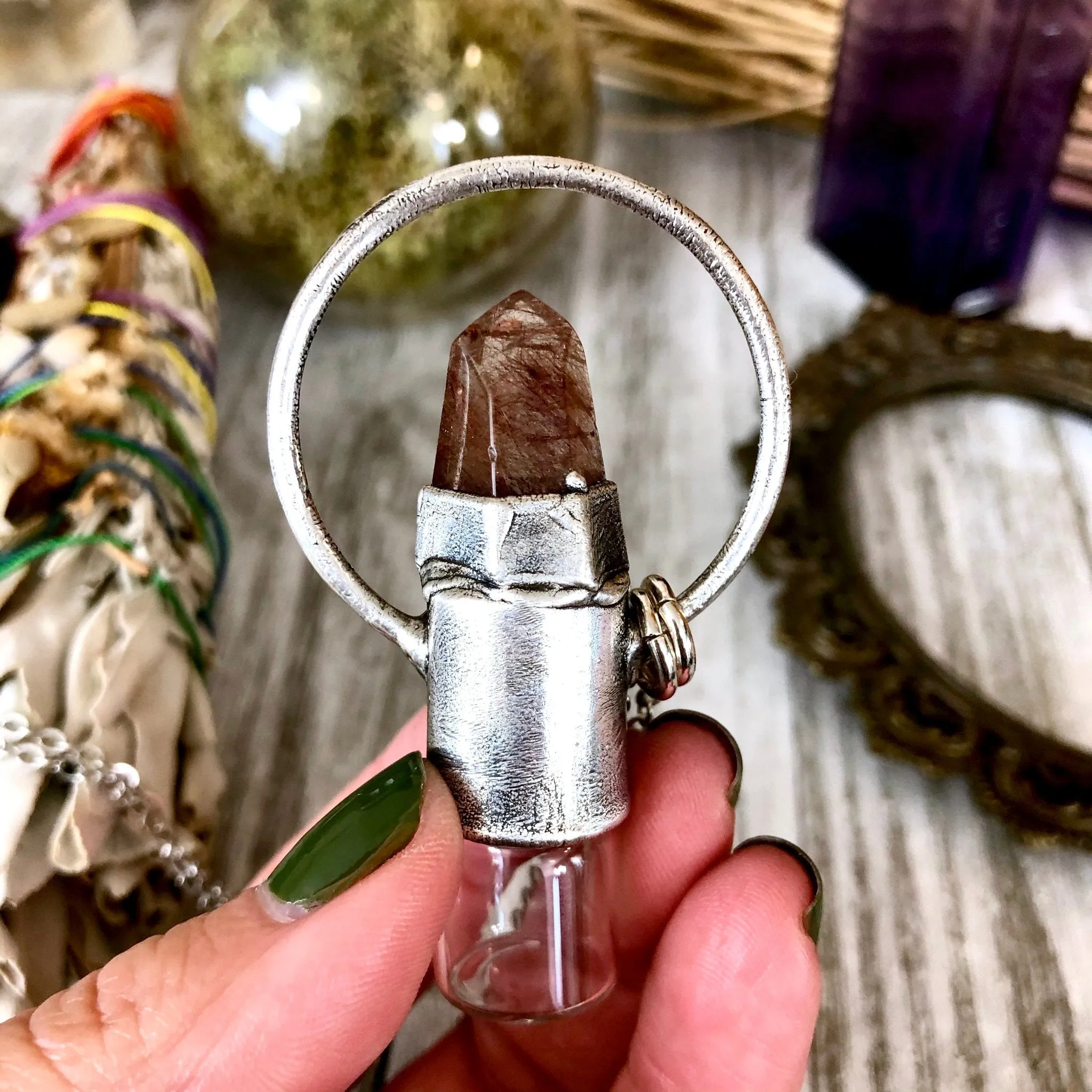 Rutilated Quartz Crystal Essential Oil Rollerball Necklace Pendant in Silver / Foxlark Collection - One of a Kind